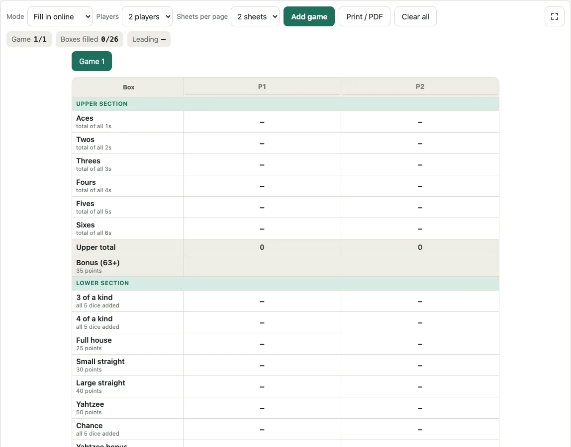 Yahtzee score card example